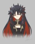  &gt;:( 1girl artist_request bangs black_bodysuit black_hair bodysuit breasts brown_eyes cleavage cleavage_cutout closed_mouth eyebrows_visible_through_hair fate/grand_order fate_(series) grey_background highres horns long_hair looking_at_viewer multicolored_hair red_hair scowl sidelocks simple_background small_breasts solo space_ishtar_(fate) two-tone_hair two_side_up tyone very_long_hair 