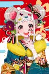  1girl 2020 :d black_bow blue_kimono blue_nails body_writing bow brown_nails chinese_zodiac commentary_request double_bun egasumi fingernails grey_hair hair_bow hand_up japanese_clothes kimono long_sleeves mouse multicolored multicolored_nails nengajou new_year official_art open_mouth original pink_nails purple_nails red_bow round_teeth sidelocks smile solo teeth upper_body upper_teeth wide_sleeves year_of_the_rat yuu_(higashi_no_penguin) 
