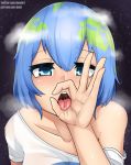  1girl [joosi] bangs blue_eyes blue_hair collarbone commentary earth-chan english_commentary eyebrows_visible_through_hair fellatio_gesture green_hair hair_between_eyes highres looking_at_viewer multicolored_hair off_shoulder open_mouth oral_invitation original saliva sexually_suggestive shirt short_hair short_sleeves solo t-shirt tongue tongue_out two-tone_hair upper_body uvula white_shirt 