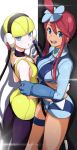  2girls :d :o arm_around_shoulder ass bangs bare_shoulders blonde_hair blue_eyes blue_gloves blue_shorts breasts cable choker closed_eyes commentary_request dark_skin dress elbow_gloves from_side fuuro_(pokemon) gloves hand_on_another&#039;s_arm headphones highres holding_hands interlocked_fingers kamitsure_(pokemon) looking_at_another looking_at_viewer medium_breasts multiple_girls open_mouth pantyhose parted_lips pokemon pokemon_(game) pokemon_bw pretty-purin720 purple_choker purple_legwear red_hair round_teeth short_hair short_shorts shorts sidelocks sleeveless sleeveless_dress small_breasts smile standing teeth thigh_strap upper_teeth yellow_dress yuri 