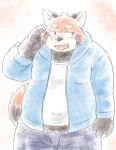  2019 ailurid anthro belly blush bottomwear clothing hoodie humanoid_hands kota&acute; male mammal overweight overweight_male pants red_panda solo tongue tongue_out topwear 
