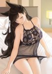 1girl absurdres animal_ears atago_(azur_lane) azur_lane bangs bare_shoulders bed bed_sheet black_hair blush breasts ccjn cleavage closed_mouth collarbone commentary_request desk_lamp eyebrows_visible_through_hair flower hair_flower hair_ornament head_tilt highres lamp large_breasts lingerie long_hair looking_at_viewer mole mole_under_eye navel negligee on_bed pillow pubic_hair see-through sitting smile solo swept_bangs thighs underwear very_long_hair white_flower yellow_eyes 
