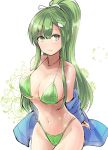  1girl alternate_hairstyle bangs bare_shoulders bikini blue_jacket blush breasts collarbone commentary_request cowboy_shot eyebrows_visible_through_hair frog_hair_ornament green_bikini green_eyes green_hair groin hair_between_eyes hair_ornament halterneck highres jacket kochiya_sanae large_breasts lens_flare long_hair long_sleeves looking_at_viewer navel off_shoulder ponytail sidelocks simple_background smile snake_hair_ornament solo sparkle standing stomach swimsuit thighs touhou very_long_hair white_background y2 