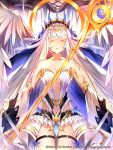  1girl angel_wings breasts cleavage detached_sleeves eternal_wars facing_viewer gold_trim highres indoors medium_breasts midriff official_art staff standing sysen thigh_strap thighhighs white_hair wings 