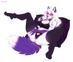  &lt;3 anthro blush bra breasts camel_toe canid canine clothed clothing dipstick_tail female fox fur gloves_(marking) hair hand_on_thigh hi_res legwear lingerie mammal markings multicolored_tail nipples panties purple_body purple_fur purple_nose reclining simple_background solo spread_legs spreading stockings thigh_highs underwear white_background white_body white_fur white_hair xngfng95 