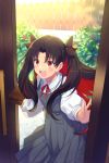  1girl black_bow black_hair blush bow cis05 commentary_request day dress eyebrows_visible_through_hair fate/grand_order fate_(series) grey_dress hair_between_eyes hair_bow hair_ornament holding holding_briefcase ishtar_(fate/grand_order) long_hair long_sleeves multicolored_hair neck_ribbon open_mouth opening_door pinafore_dress red_eyes red_hair red_neckwear red_ribbon ribbon school_briefcase school_uniform shirt smile solo space_ishtar_(fate) sunlight toosaka_rin twintails two-tone_hair white_shirt 