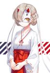  1girl alternate_costume azur_lane blonde_hair bow braid cat_mask closed_mouth cowboy_shot expressionless hair_bow hair_over_one_eye hakama highres japanese_clothes kimono kiyosato0928 long_sleeves looking_at_viewer miko own_hands_together red_bow red_hakama ribbon-trimmed_sleeves ribbon_trim sheffield_(azur_lane) solo striped striped_background white_background white_bow white_kimono yellow_eyes 