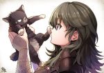  1girl blue_eyes blue_hair byleth_(fire_emblem) byleth_(fire_emblem)_(female) cat closed_mouth fire_emblem fire_emblem:_three_houses highres holding holding_cat medium_hair nakabayashi_zun signature simple_background upper_body 