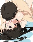  1boy 1girl bangs black_hair blunt_bangs boy_on_top breast_grab breasts brown_hair chitanda_eru commentary_request couple french_kiss grabbing heart hetero hyouka kiss large_breasts long_hair lying nipples nude on_back open_mouth sex short_hair simple_background solo_focus sweat tongue tongue_out umanosuke white_background 