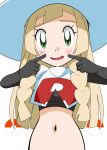  blonde_hair cosplay green_eyes hainchu highres lillie_(pokemon) long_hair midriff musashi_(pokemon) musashi_(pokemon)_(cosplay) navel open_mouth pokemon pokemon_(game) pokemon_sm smile stomach team_rocket_uniform white_headwear 