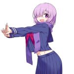  1girl :d alternate_costume blush breasts chan_co cowboy_shot eyebrows_visible_through_hair fate/grand_order fate_(series) glasses hair_over_one_eye large_breasts long_sleeves looking_at_viewer mash_kyrielight midriff navel open_mouth outstretched_arms pleated_skirt purple_sailor_collar purple_scarf purple_shirt purple_skirt red_neckwear rimless_eyewear sailor_collar scarf school_uniform serafuku shirt simple_background skirt smile solo white_background 