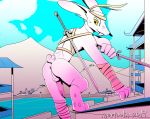  2019 anthro anus balls bandage big_butt blush butt cloud day detailed_background digital_media_(artwork) erection fur hare hi_res holding_object holding_weapon humanoid_penis lagomorph leporid looking_at_viewer male mammal melee_weapon mountain ninja nude outside penis rabbit sky smile snow solo spreading sword temple tigertooth warrior weapon winter 