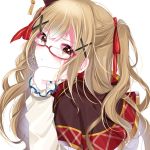  1girl alternate_hairstyle bang_dream! bangs blonde_hair blush brown_eyes chiyosama commentary dot_nose dress earrings eyebrows_visible_through_hair frilled_sleeves frills glasses hair_ornament hair_ribbon hairclip hand_on_own_cheek hand_on_own_face hand_on_own_head ichigaya_arisa jewelry long_hair long_sleeves looking_at_viewer parted_lips red_ribbon ribbon simple_background solo tassel upper_body wavy_hair white_background x_hair_ornament 