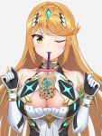  1girl bangs bare_shoulders blonde_hair blush breasts bubble_tea bubble_tea_challenge circlet cleavage cleavage_cutout collarbone cup disposable_cup dress drinking_straw earrings elbow_gloves eyebrows_visible_through_hair gem gloves grey_background hikari_(xenoblade_2) jewelry large_breasts long_hair looking_at_viewer nintendo one_eye_closed parted_lips shoulder_armor simple_background sleeveless sleeveless_dress smile solo sssemiii swept_bangs upper_body v-shaped_eyebrows white_dress white_gloves xenoblade_(series) xenoblade_2 yellow_eyes 