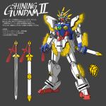  character_profile crossover g_gundam gundam highres kevinayama mecha no_humans scabbard sheath sheathed shining_gundam standing super_robot sword translation_request weapon 