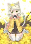  1girl :o animal animal_ears bag bell black_skirt blue_bow blush bow cat cat_ears cat_girl cat_tail commentary_request full_body ginkgo ginkgo_leaf grey_hair hair_bow highres holding holding_animal jacket jingle_bell juna kitten log long_hair long_sleeves looking_at_viewer low_twintails open_clothes open_jacket original parted_lips pink_bow school_bag shirt shoes sitting skirt sleeves_past_wrists solo tail tail_bell tail_bow tail_raised thighhighs twintails wariza white_footwear white_legwear white_shirt yellow_jacket 