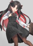  1girl bangs black_dress black_hair black_ribbon blush brown_legwear dress fate/grand_order fate_(series) grey_background hair_ribbon hand_on_own_chest holding long_hair long_sleeves looking_at_viewer neck_ribbon pantyhose parted_bangs pinafore_dress red_eyes red_hair red_neckwear red_ribbon ribbon school_briefcase school_uniform shirt simple_background solo space_ishtar_(fate) standing two_side_up tyone very_long_hair white_shirt 