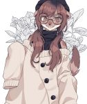  anthro blush brown_body brown_fur brown_hair clothed clothing eyewear female flower fur glasses hair headgear headwear hi_res jacket kazie-ru looking_at_viewer mammal mustela mustelid musteline plant simple_background smile solo teeth topwear white_background zuekrz 