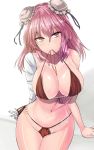  1girl bandaged_arm bandages bangs bare_shoulders bikini breasts bun_cover collarbone commentary_request cowboy_shot double_bun eyebrows_visible_through_hair groin hair_between_eyes head_tilt highres ibaraki_kasen large_breasts long_hair looking_at_viewer mouth_hold navel pink_eyes pink_hair red_bikini solo stomach swimsuit thighs touhou white_background y2 