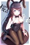  1girl absurdres animal_ears black_footwear black_hair black_legwear black_leotard black_neckwear blue_background bow bowtie breasts bunny_ears bunny_girl bunny_tail bunnysuit character_name cleavage covered_navel detached_collar high_heels highres index_finger_raised jiaxi_daze large_breasts leotard long_hair looking_at_viewer pantyhose purple_eyes sakurajima_mai seishun_buta_yarou sitting solo strapless strapless_leotard tail two-tone_background wariza wrist_cuffs 