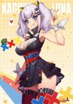  1girl animal_ears arm_at_side armpits bare_shoulders blue_eyes breasts character_name cleavage cowboy_shot eyebrows_visible_through_hair fake_animal_ears food grin hair_ornament hairclip heart kaguya_luna kugi_ta_hori_taira large_breasts lavender_hair nail_polish obi red_legwear ribbon sash sidelocks smile solo spoken_heart tempura the_moon_studio thighhighs twintails v virtual_youtuber wrist_ribbon 