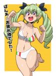  1girl :d anchovy aono3 bangs barefoot bikini black_ribbon blush breasts cleavage clenched_hands commentary drill_hair eyebrows_visible_through_hair flag_print front-tie_bikini front-tie_top girls_und_panzer green_hair hair_ribbon highres italian_flag leg_up looking_at_viewer medium_breasts navel open_mouth outside_border print_bikini red_eyes ribbon smile solo standing swimsuit twin_drills twintails yellow_background 