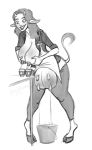  2017 animal_humanoid apron beingobscene big_breasts bodily_fluids bottomwear bovid bovid_humanoid bovine bovine_humanoid breast_milking breasts cattle_humanoid clothing female furniture hair hi_res hooves humanoid implied_transformation lactating mammal mammal_humanoid milk monochrome nipples pants simple_background sketch smile solo standing table teats udders white_background 