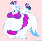  absurd_res anthro big_moobs bulge cheerleader clothed clothing crossdressing dragon duragon fur hi_res male moobs morbidly_obese obese overweight overweight_male thick_thighs white_body white_fur wide_hips 