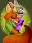  2016 anthro black_nose bottomwear canid canine cheek_tuft clothed clothing detailed dipstick_ears dipstick_tail disney duo eyes_closed face_tuft flower fluffy fluffy_tail foreverknight fox fully_clothed fur green_background grey_body grey_fur hi_res hug inner_ear_fluff judy_hopps mammal multicolored_ears multicolored_tail nick_wilde orange_body orange_fur pants pink_nose plant red_fox scut_tail shirt simple_background smile topwear tuft zootopia 