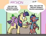 2019 arguing clothing cosplay costume dialogue dragon duo english_text equid equine fan_character female friendship_is_magic horse male mammal mina_(mlp) my_little_pony nightmare_moon_(mlp) plushie pony spike_(mlp) text toonbat twilight_sparkle_(mlp) 