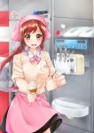  1girl bad_hands bangs black_skirt blush bow breasts brown_eyes brown_hair food heart highres ice_cream ice_cream_cone indoors long_hair looking_at_viewer low_twintails magnet medium_breasts mini_dang01 original parted_bangs pink_bow pink_headwear pocket refrigerator_magnet skirt soft_serve solo standing twintails 