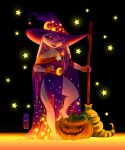  2019 anthro barefoot black_background breasts broom buckteeth cheek_tuft claws clothing disney dress face_tuft fan_character female fingerless_gloves fur gloves hair halloween hand_on_hip handwear hat headgear headwear hi_res holding_object holidays jack-o&#039;-lantern lagomorph leporid light lighting looking_at_viewer mammal open_mouth open_smile purple_eyes purple_hair rabbit simple_background smile solo standing star teeth thewinterbunny toe_claws tuft white_body white_fur witch_hat zootopia 