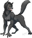  2019 all_fours alpha_channel anthro beingobscene black_body black_fur black_hair black_nose breasts canid canine canis female fur green_eyes hair hi_res mammal nipples nude open_mouth simple_background smile snout solo the_exile_of_aphrodisia transparent_background wolf 
