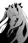  1girl absurdres bangs blurry blurry_background blurry_foreground cape depth_of_field fate/grand_order fate_(series) fur-trimmed_cape fur_trim greyscale highres ishtar_(fate/grand_order) jewelry long_hair looking_at_viewer monochrome open_mouth parted_bangs solo space_ishtar_(fate) star star-shaped_pupils symbol-shaped_pupils tsukamoto_minori two_side_up very_long_hair 