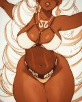  1girl absurdly_long_hair arms_(game) arms_up breasts cleavage commentary curvy dark_skin domino_mask drill_hair earrings english_commentary highres jewelry large_breasts lips long_hair mask navel necklace o-ring o-ring_bikini pendant robert_porter sketch solo thick_thighs thighs twin_drills twintelle_(arms) very_long_hair work_in_progress 
