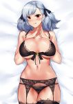  1girl :q absurdres bare_arms bare_shoulders bed_sheet bell black_bra black_panties bra breasts collarbone front-tie_top garter_belt girls_frontline hair_ribbon hands_up highres jingle_bell large_breasts long_hair looking_at_viewer lying navel on_back panties red_eyes ribbon silver_hair smile solo spas-12_(girls_frontline) telru thighhighs tongue tongue_out underwear underwear_only 