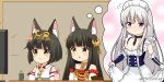  3girls alternate_costume animal_ear_fluff animal_ears apron azur_lane bangs bare_shoulders belfast_(azur_lane) belfast_(azur_lane)_(cosplay) black_hair blue_dress blush breasts chestnut_mouth cleavage closed_mouth collarbone commentary_request cosplay cup detached_sleeves dress enmaided enterprise_(azur_lane) eyebrows_visible_through_hair flying_sweatdrops fox_ears frilled_apron frills gloves grey_hair hair_ornament headpiece japanese_clothes kimono long_hair maid maid_headdress miicha multiple_girls mutsu_(azur_lane) nagato_(azur_lane) parted_lips pleated_dress red_dress sleeveless sleeveless_dress sleeveless_kimono small_breasts smile strapless strapless_dress thought_bubble twitter_username very_long_hair white_apron white_gloves white_kimono white_sleeves yunomi 