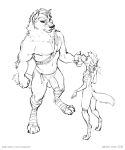  2018 anthro balls black_and_white bodypaint canid canine canis duo female flat_chested foot_wraps fur hair half-erect hi_res humanoid_penis larger_male looking_at_another male mammal monochrome mostly_nude muscular muscular_male paws penis simple_background size_difference sketch smaller_female standing text tribal url white_background wolf wraps zaush 