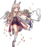  1girl anchor animal_ears arm_at_side azur_lane bangs bell black_hakama black_skirt bright_pupils closed_mouth eyebrows flat_chest fox_ears fox_tail full_body gohei grey_hair hakama hakama_skirt haori high-waist_skirt holding japanese_clothes jingle_bell kamikaze_(azur_lane) kneehighs leg_up long_hair long_sleeves looking_away looking_to_the_side machinery multicolored_hair nontraditional_miko norizc official_art orange_eyes petals red_hair ribbon rope shimenawa skirt smile solo streaked_hair tabi tachi-e tail tongue tongue_out torpedo transparent_background turret two-tone_hair very_long_hair white_legwear white_pupils wide_sleeves 