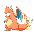  1:1 2017 anthro biped bodily_fluids canid charizard chibi claws dainsleif digital_media_(artwork) dragon eeveelution fire fur hi_res horn jetta_the_jolteon jolteon looking_back male mammal membrane_(anatomy) membranous_wings miau nintendo orange_body orange_skin pok&eacute;mon pok&eacute;mon_(species) ring simple_background standing sweat tail_hug video_games white_background white_body white_fur wings yellow_body yellow_fur 