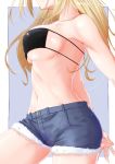  1girl blonde_hair blue_background border breasts cleavage commentary_request cowboy_shot cutoffs eyepatch_bikini head_out_of_frame highres large_breasts long_hair navel niwatazumi original smile solo white_border 