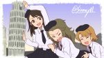  3girls amaretto_(girls_und_panzer) anzio_school_uniform beret black_headwear black_neckwear black_skirt blue_sky blurry blurry_background brown_hair closed_eyes commentary day depth_of_field dress_shirt gelato_(girls_und_panzer) girls_und_panzer hair_ornament hairclip hands_on_another&#039;s_back hat highres landmark leaning_to_the_side leaning_tower_of_pisa long_hair long_sleeves looking_at_viewer miniskirt multiple_girls necktie open_mouth outdoors panettone_(girls_und_panzer) perspective pleated_skirt pose school_uniform shinmai_(kyata) shirt short_hair skirt sky smile standing twitter_username white_shirt 