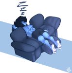  3_toes absurd_res amazin-arts anthro barefoot black_hair butt cetacean chair clothed clothing delphinoid dorsal_fin fin furniture hair hi_res male mammal marine open_mouth recliner simple_background sleeping sofa soles solo sound_effects toes toothed_whale topless zzz 