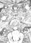  6+girls absurdres akatsuki_(kantai_collection) bare_chest clenched_teeth commentary crossed_arms fusou_(kantai_collection) glaring glasses graphite_(medium) greyscale gunbuster_pose hibiki_(kantai_collection) highres houshou_(kantai_collection) hyuuga_(kantai_collection) ikazuchi_(kantai_collection) inazuma_(kantai_collection) ise_(kantai_collection) kantai_collection kitakami_(kantai_collection) kojima_takeshi monochrome multiple_girls musashi_(kantai_collection) ooi_(kantai_collection) ponytail rensouhou-chan shimakaze_(kantai_collection) teeth top_wo_nerae! traditional_media yamashiro_(kantai_collection) yamato_(kantai_collection) 