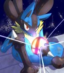  2014 ambiguous_gender anthro black_body black_fur blue_body blue_fur canid canine dirty fur kurou-karasu looking_at_viewer lucario mammal night nintendo outside pok&eacute;mon pok&eacute;mon_(species) red_eyes sitting smash_ball smile solo super_smash_bros. video_games yellow_body yellow_fur 