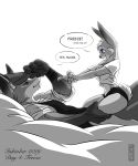  2019 absurd_res anthro anthro_on_anthro bed breasts cheek_tuft clothed clothing dialogue disney english_text face_tuft female furniture greyscale hat head_tuft headgear headwear hi_res inktober inner_ear_fluff judy_hopps lagomorph leporid light lighting looking_at_another lying mammal monochrome neck_tuft nick_wilde on_back on_bed open_mouth open_smile panties purple_eyes rabbit shirt smile speech_bubble straddling text thewinterbunny topwear tuft underwear zootopia 