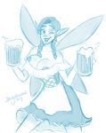  2019 absurd_res alcohol apron beer beingobscene beverage braided_hair breasts clothing corset dress fairy female hair hi_res humanoid humanoid_pointy_ears lingerie monochrome nipples one_eye_closed smile solo winged_humanoid wings 