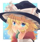  1girl :/ alternate_eye_color arm_up between_fingers blonde_hair blue_background blue_eyes blush bow braid breath commentary_request eyebrows_visible_through_hair face fingernails frilled_bow frills green_bow hair_between_eyes hair_ribbon hand_in_hair hat hat_ribbon kirisame_marisa long_sleeves looking_at_viewer medium_hair red_scarf ribbon scarf shirt single_braid snowing solo taker_(flamestorm) touhou tress_ribbon upper_body white_bow white_shirt witch_hat 