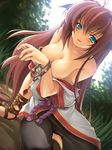  areolae blue_eyes blush bracelet breasts cleavage day head_wings jewelry kazuma_muramasa large_breasts long_hair monk naughty_face nipple_slip nipples no_bra outdoors ragnarok_online red_hair rope shirt_pull sitting smile solo undressing 