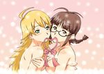  ahoge akizuki_ritsuko antenna_hair blonde_hair blush bow braid breast_press breasts brown_eyes brown_hair glasses green_eyes heart hiropon_(iianbe) hoshii_miki hug idolmaster idolmaster_(classic) idolmaster_1 long_hair medium_breasts mouth_hold multiple_girls nude ribbon single_braid symmetrical_docking yuri 